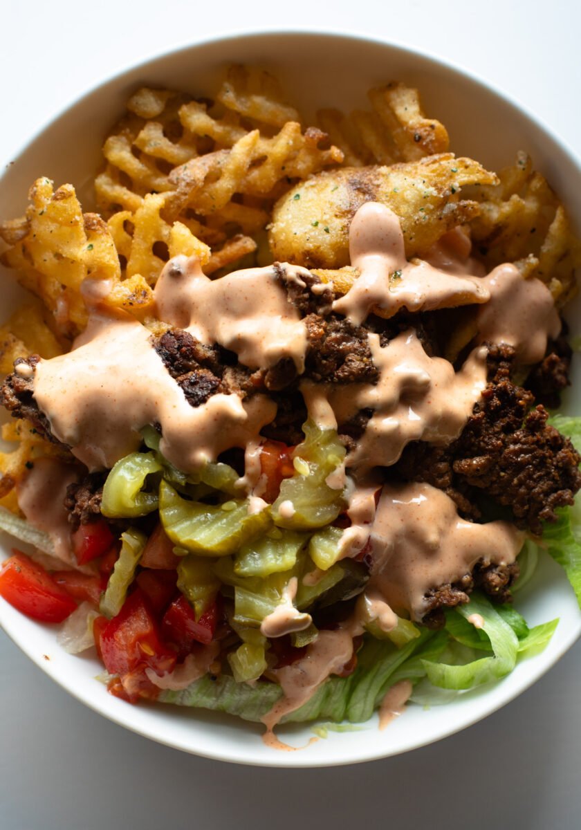 Burger bowls with house sauce.